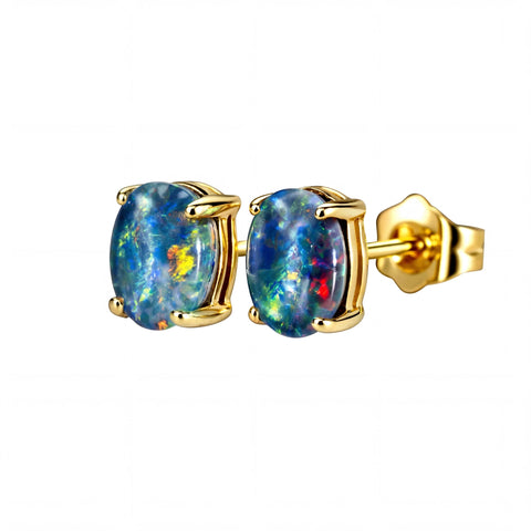 Triplet Opal Earrings in 9K Yellow Gold - Multicolour - Australian Opal Cutters and Pearl Divers
