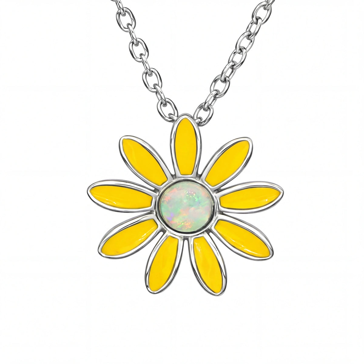 Yellow flower-shaped pendant on a silver chain against a white background