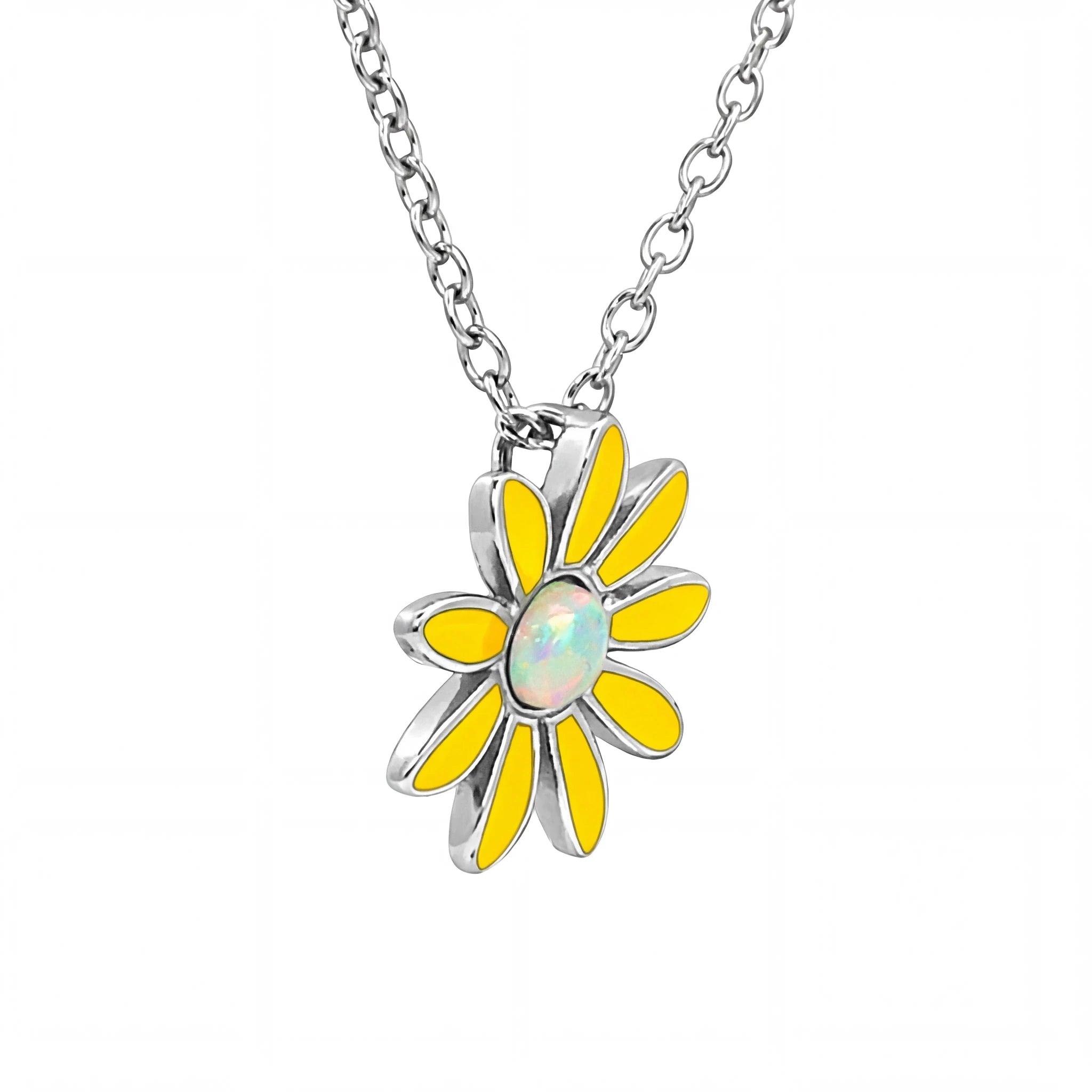 Yellow flower-shaped pendant with opal center on a silver chain against a white background