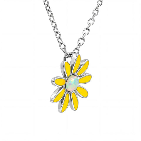 Yellow flower-shaped pendant with opal center on a silver chain against a white background