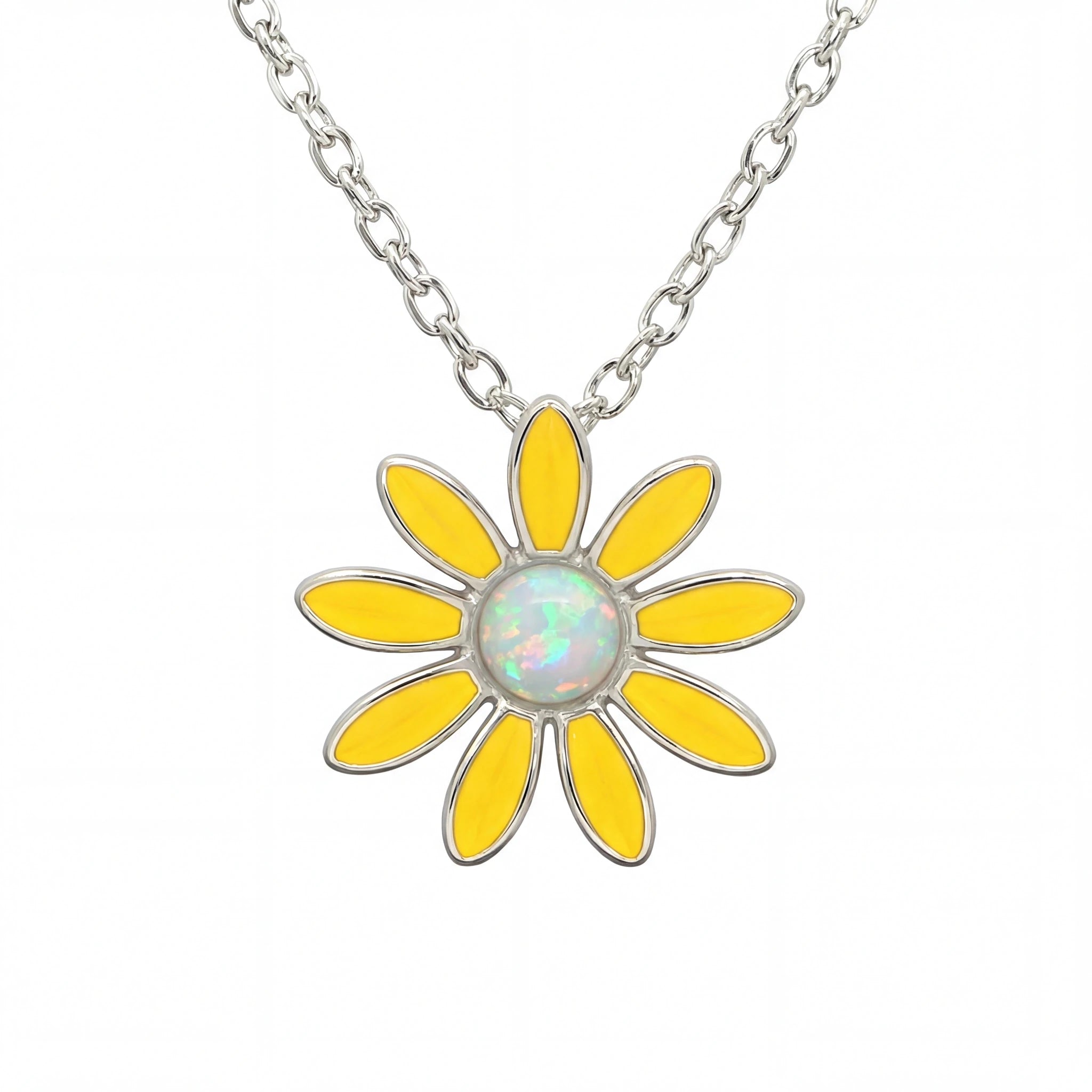 Yellow flower-shaped pendant with a central opal stone on a silver chain against a white background