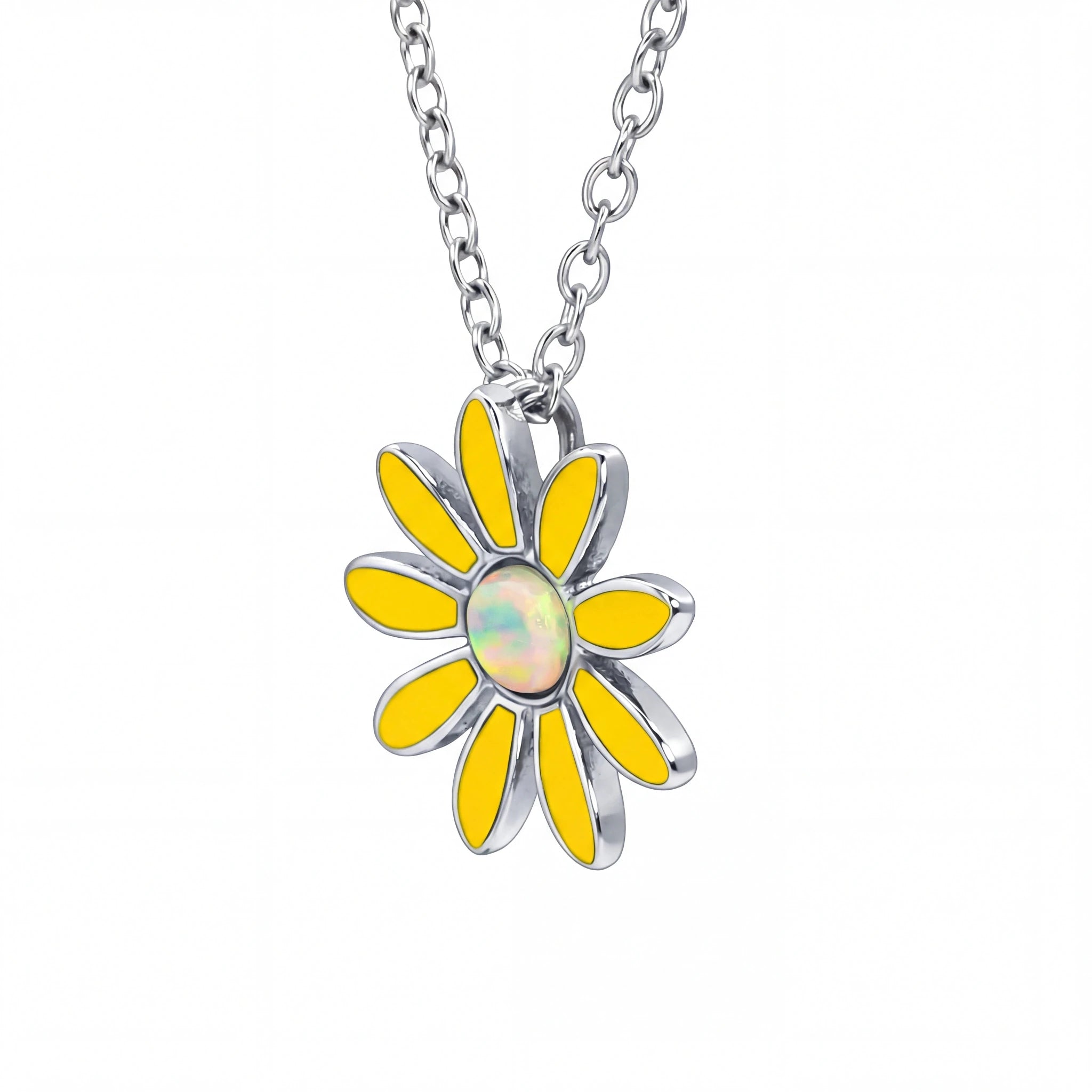 Yellow flower-shaped pendant with opal center on a silver chain against a white background
