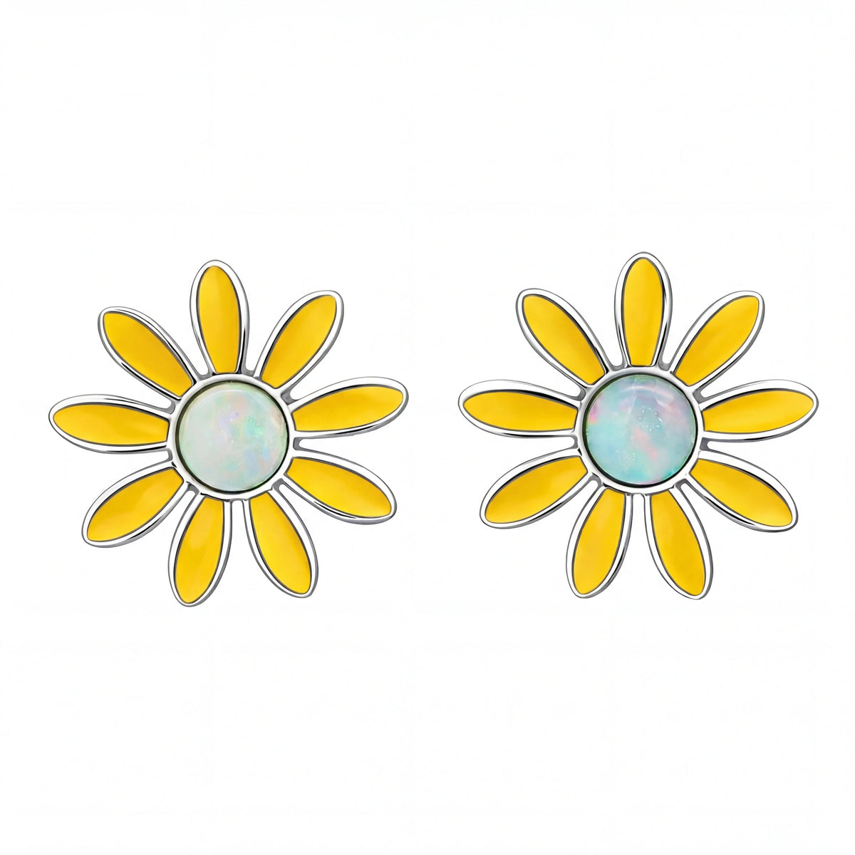 Yellow flower-shaped earrings with a central circular design on a white background