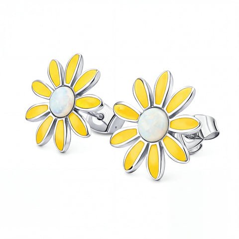 Sunflower-shaped earrings with yellow petals and a white center on a white background