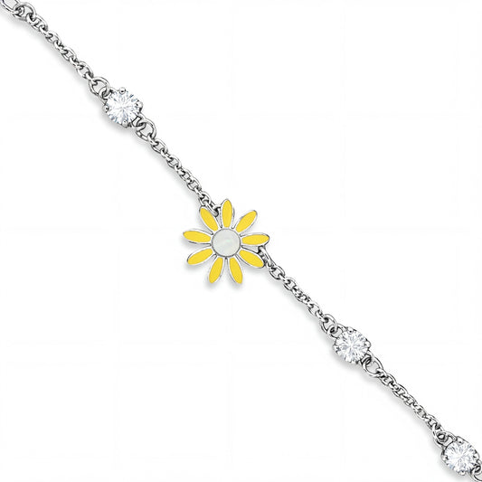 Silver bracelet with a yellow flower charm on a white background