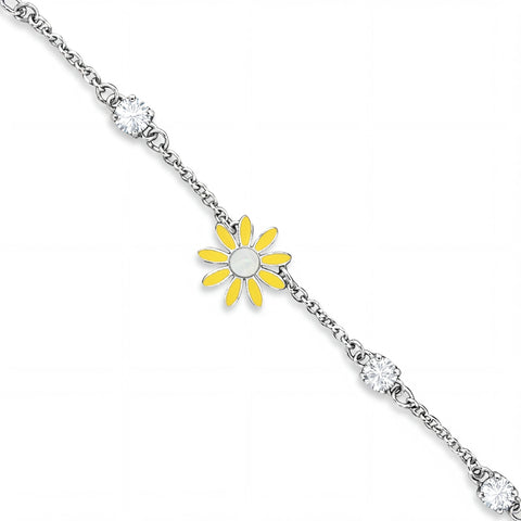 Silver bracelet with a yellow flower charm on a white background