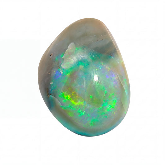 A polished teardrop-shaped opal gemstone with a smooth, rounded surface, showcasing a mix of grey, beige, green, blue, and bright neon iridescent flashes, isolated on a solid white background.