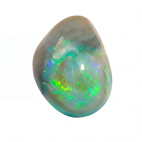 A polished teardrop-shaped opal gemstone with a smooth, rounded surface, showcasing a mix of grey, beige, green, blue, and bright neon iridescent flashes, isolated on a solid white background.