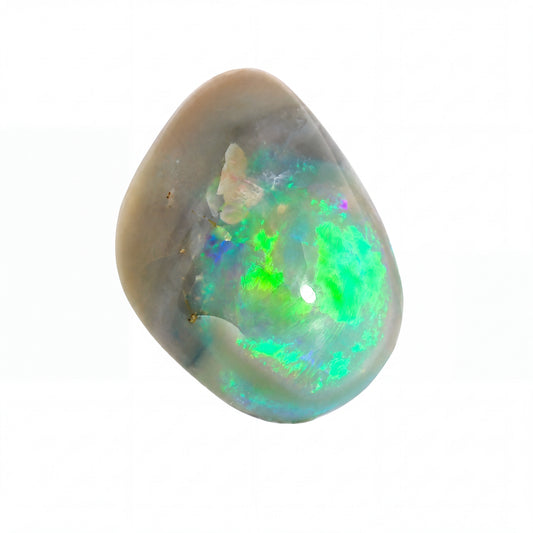 A polished teardrop-shaped opal gemstone with a smooth, rounded surface, showcasing a vibrant green and blue iridescent play-of-colour over a muted greyish-brown base, set against a solid white background.