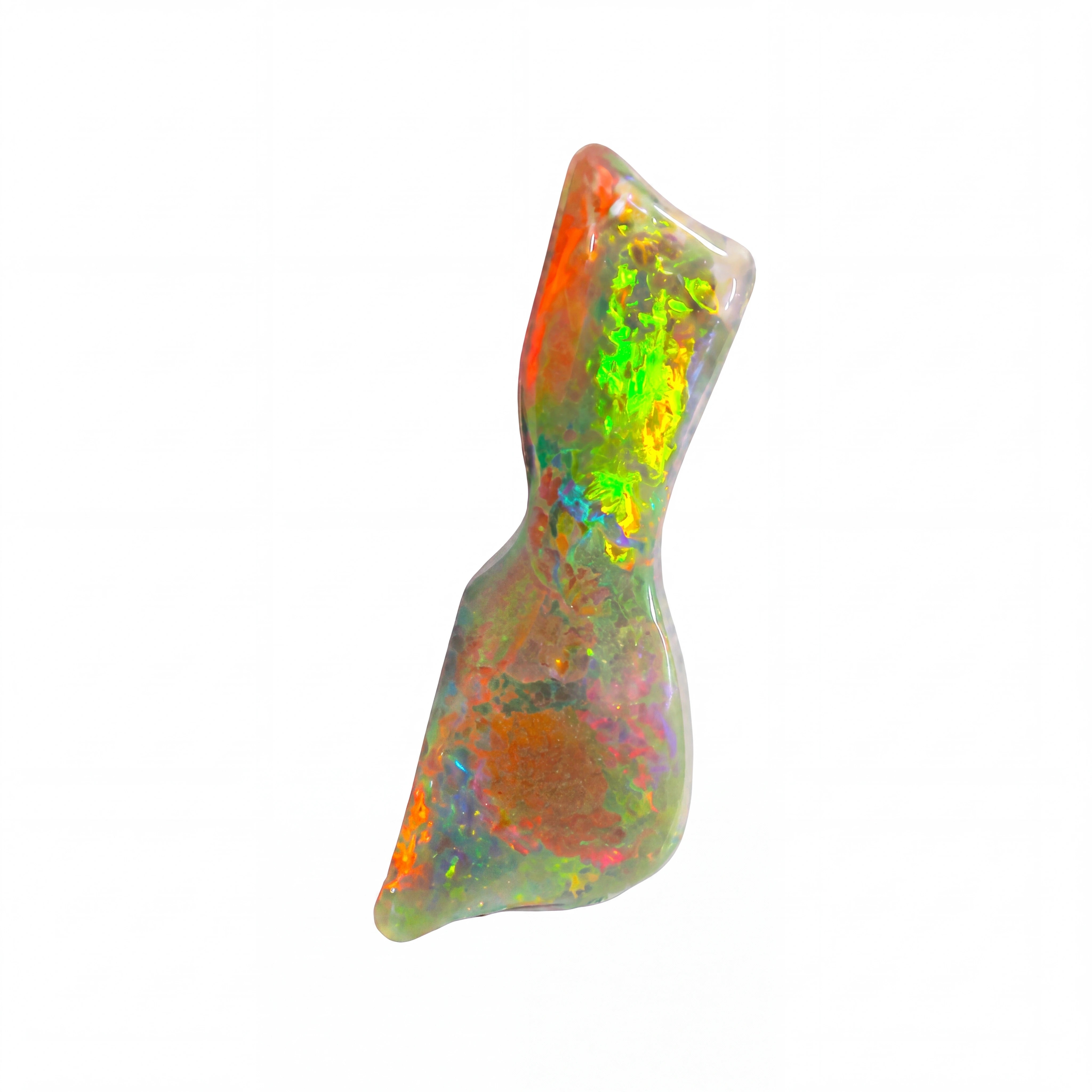 A natural iridescent opal gemstone with a butterfly-shaped silhouette, displaying vibrant flashes of green, orange, red, and blue on a solid white background.