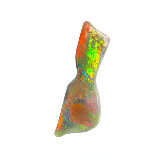 A natural iridescent opal gemstone with a butterfly-shaped silhouette, displaying vibrant flashes of green, orange, red, and blue on a solid white background.