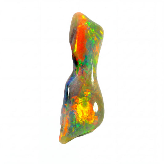 A polished irregular-shaped opal stone with vibrant iridescent colours including orange, green, blue, and yellow, isolated on a solid white background.