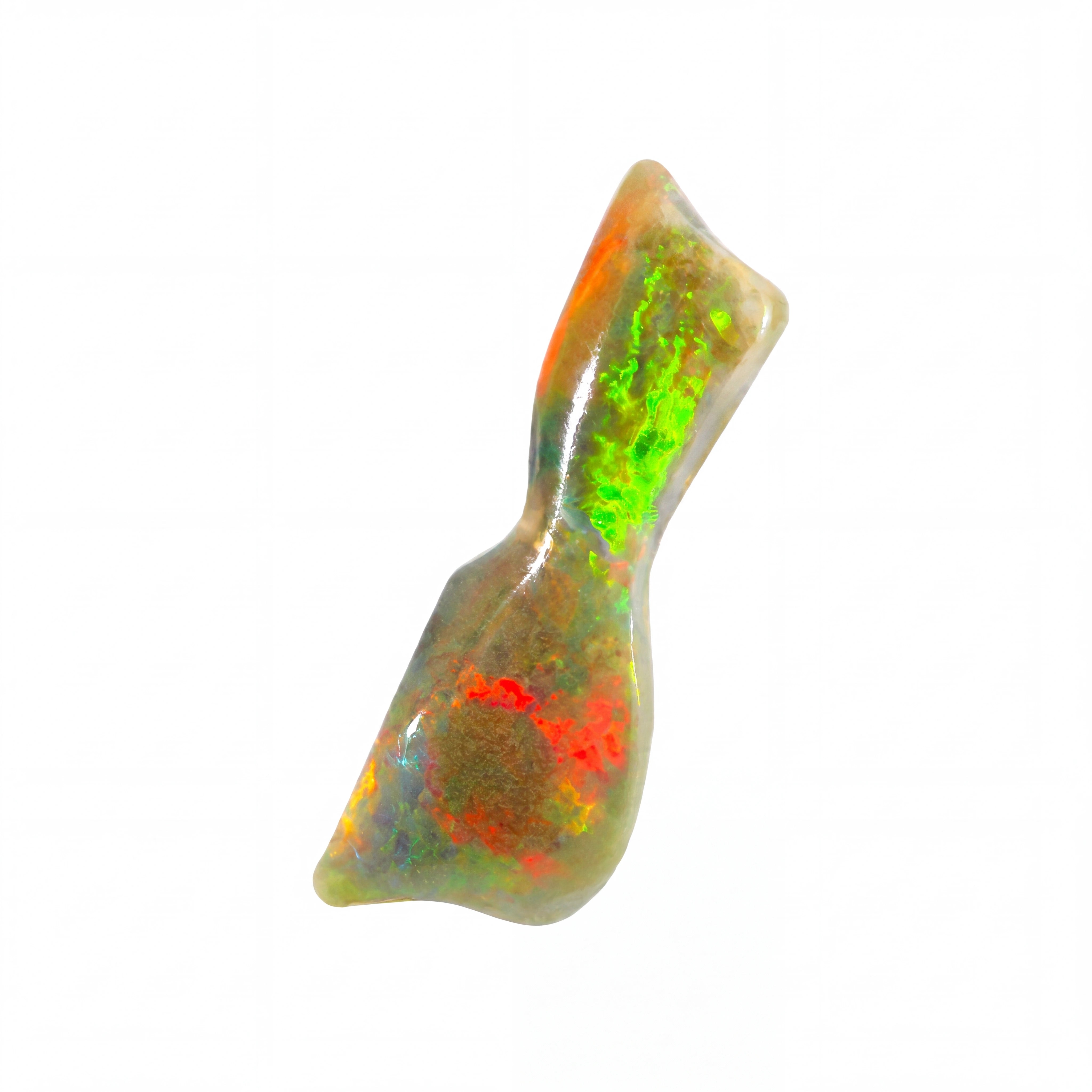 A natural iridescent opal gemstone with vibrant flashes of green, orange, and red over a beige-brown base, shown on a plain white background.
