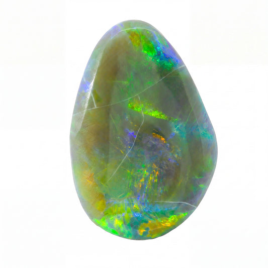 A polished teardrop-shaped opal stone with vibrant iridescent colours including green, blue, yellow, and orange on a white background.