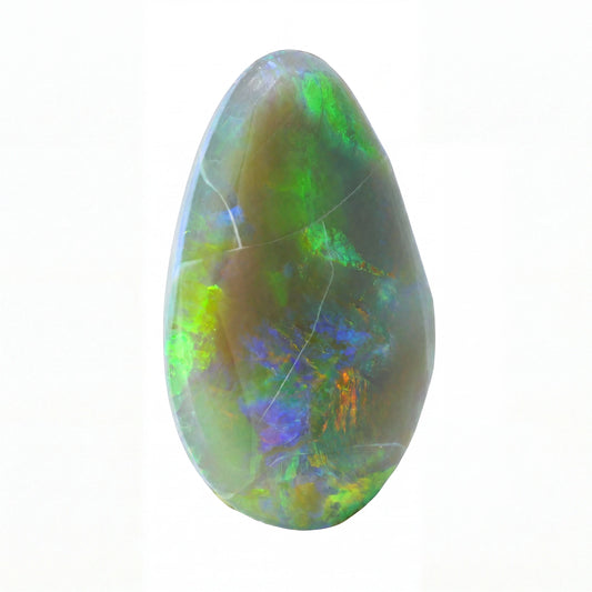 A teardrop-shaped polished opal gemstone displaying vibrant iridescent colours including green, blue, purple, and orange on a white background.
