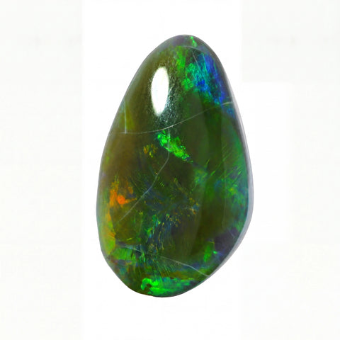 A polished teardrop-shaped opal stone with vibrant green, blue, and orange iridescent play-of-colour on a white background.