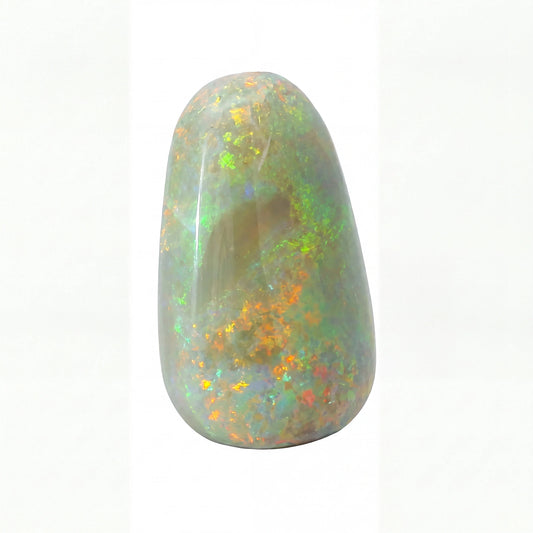 A polished teardrop-shaped opal stone with a smooth, glossy finish, showcasing a mix of grey, green, orange, and yellow flashes on a white background.