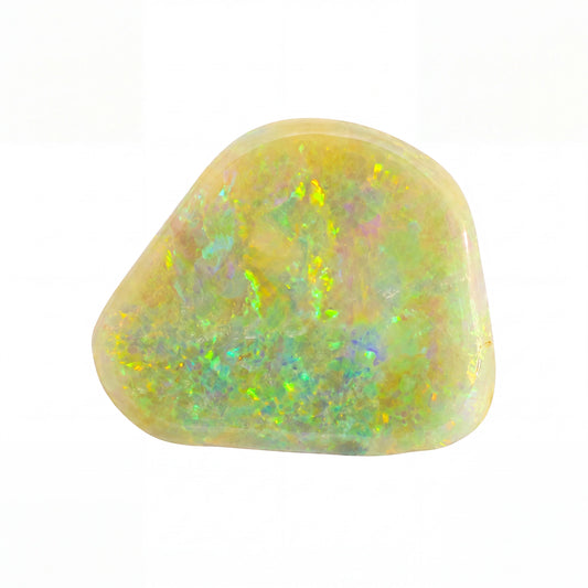 A polished, irregular-shaped opal gemstone displaying a mix of yellow, green, blue, and orange iridescent colours on a solid white background.