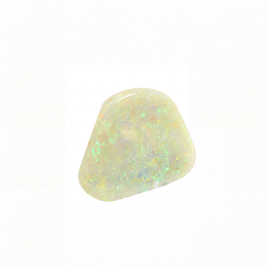 A polished cabochon opal gemstone with a wavy, irregular shape, displaying a milky white base with vibrant flashes of green, blue, and orange iridescence, set against a plain white background.