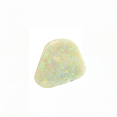 A polished cabochon opal gemstone with a wavy, irregular shape, displaying a milky white base with vibrant flashes of green, blue, and orange iridescence, set against a plain white background.