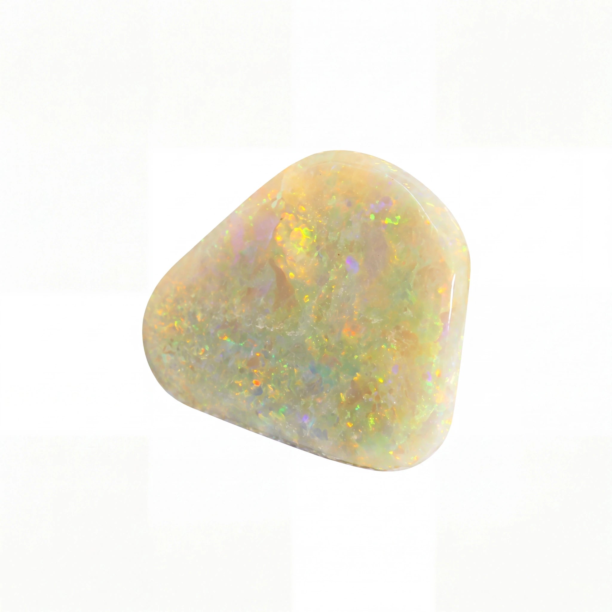 A polished, tumbled triangular opal gemstone displaying a play-of-colour with white, yellow, and iridescent rainbow flashes, set against a plain white background.