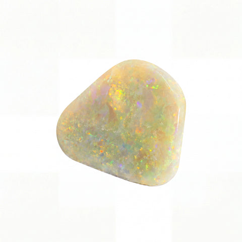 A polished, tumbled triangular opal gemstone displaying a play-of-colour with white, yellow, and iridescent rainbow flashes, set against a plain white background.