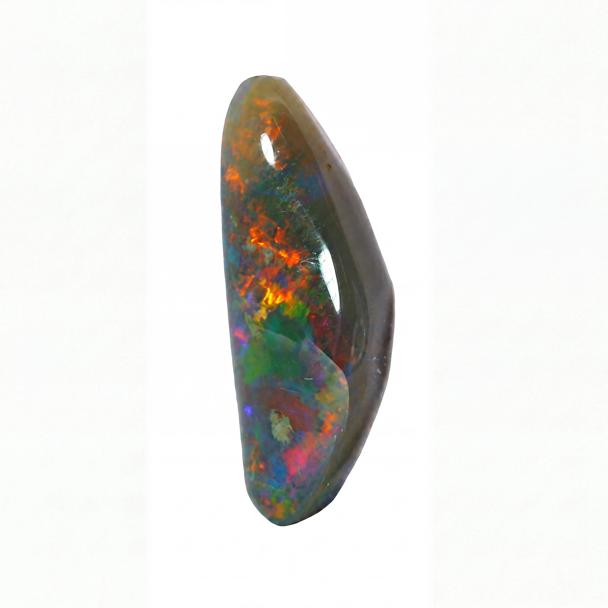 A polished natural opal gemstone with vibrant iridescent colours including orange, green, blue, and purple, set against a plain white background.