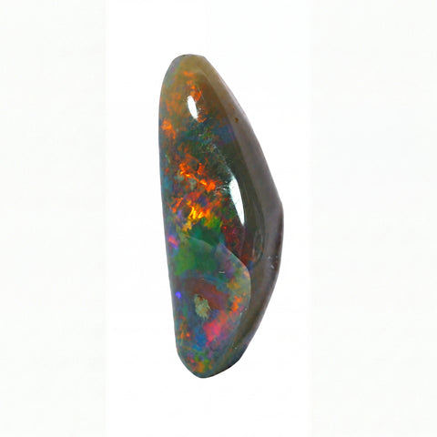 A polished natural opal gemstone with vibrant iridescent colours including orange, green, blue, and purple, set against a plain white background.