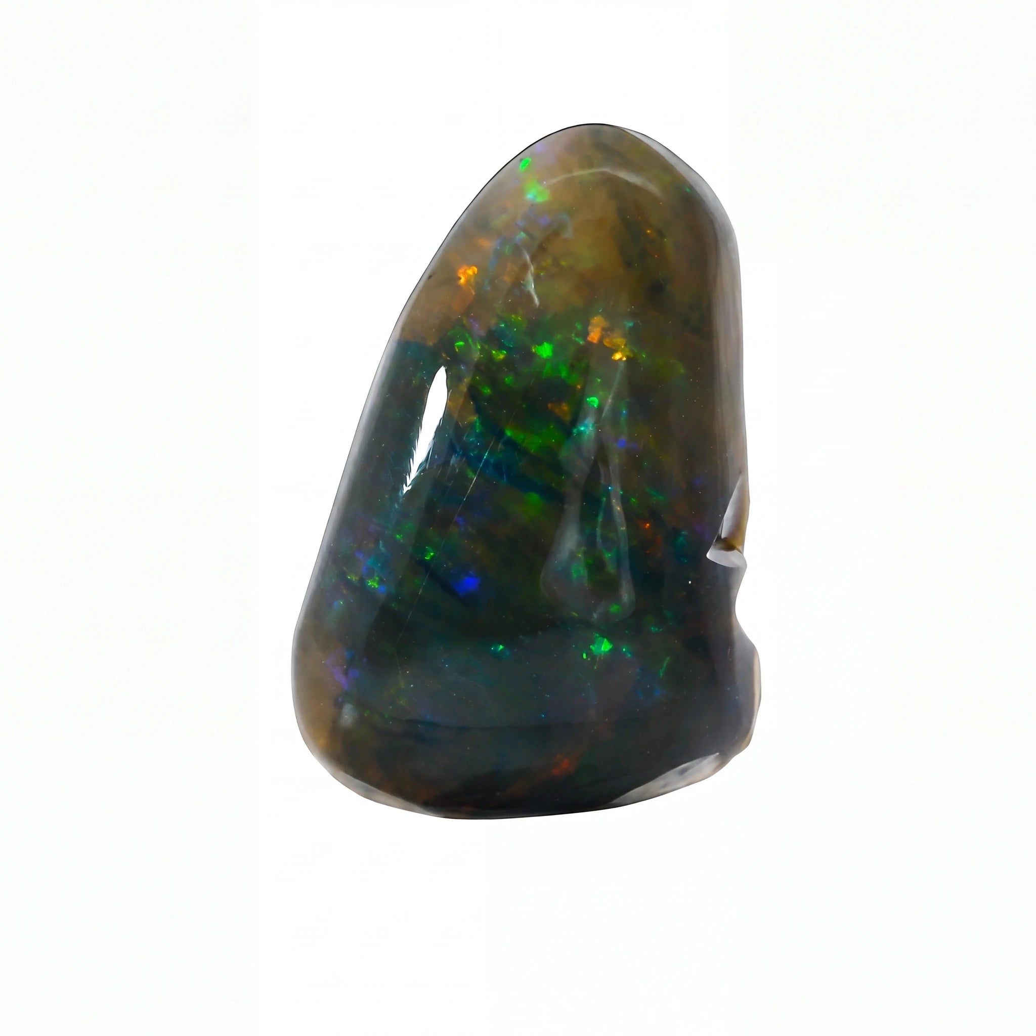 A polished natural opal gemstone with a dark brown and black base showing vibrant flashes of green, blue, orange, and red, set against a plain white background.
