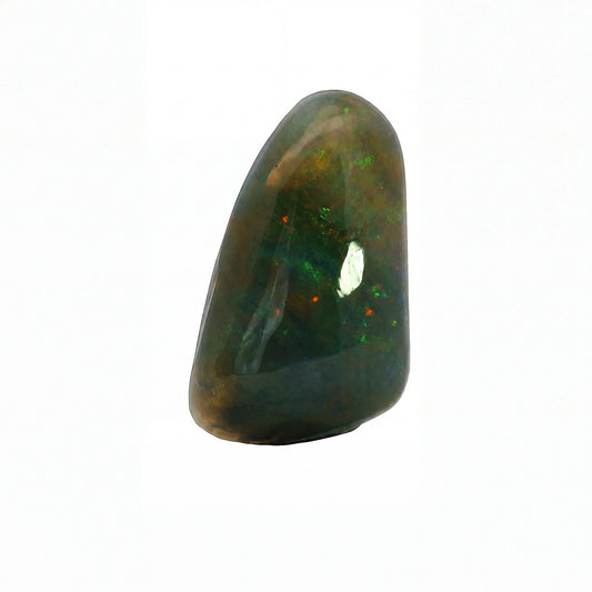 A polished natural opal stone with a teardrop shape, displaying a dark green and black base with vibrant flashes of orange, red, and blue iridescence, set against a plain white background.