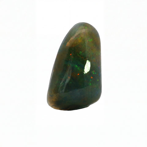 A polished natural opal stone with a teardrop shape, displaying a dark green and black base with vibrant flashes of orange, red, and blue iridescence, set against a plain white background.
