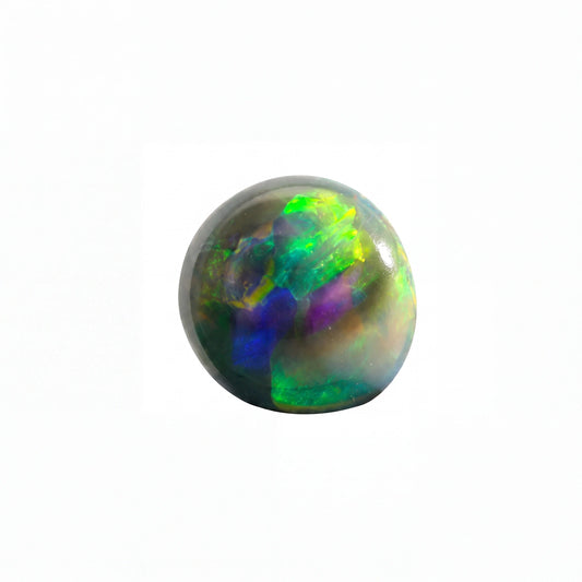 A polished round cabochon gemstone showing vibrant iridescent play-of-colour with green, blue, purple, and orange hues on a solid white background.