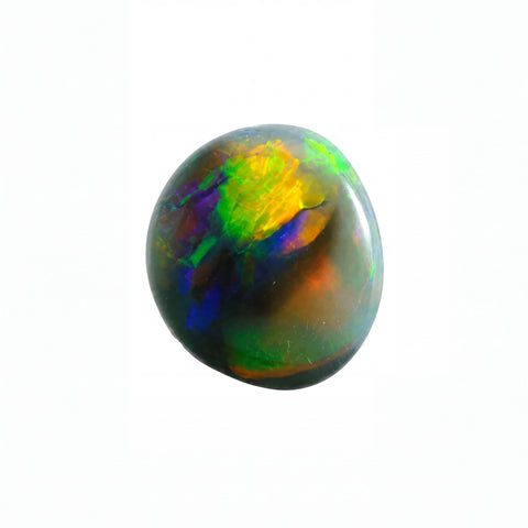 A polished cabochon opal gemstone displaying a vibrant play-of-colour with green, yellow, blue, orange, and purple hues on a solid white background.