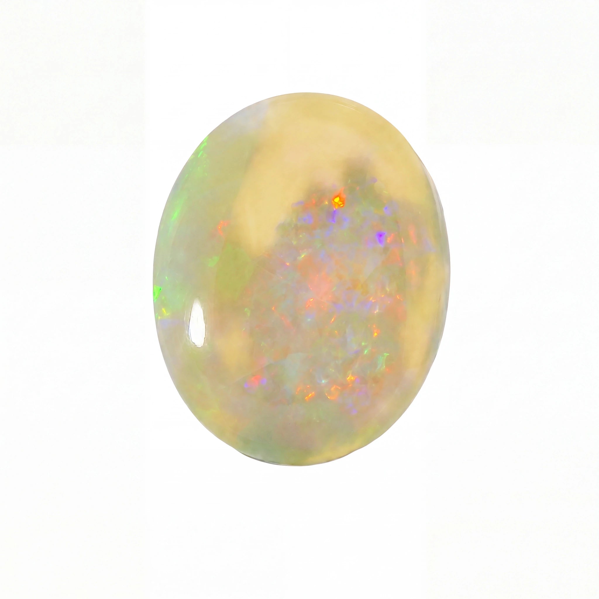 A polished oval cabochon gemstone showing a creamy yellow base with vibrant iridescent flashes of green, blue, orange, and purple, set against a plain white background.