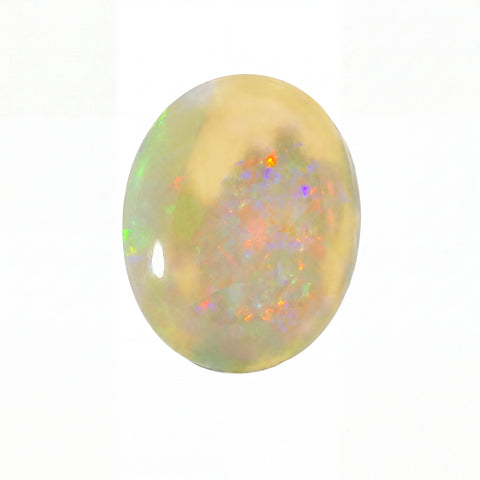 A polished oval cabochon gemstone showing a creamy yellow base with vibrant iridescent flashes of green, blue, orange, and purple, set against a plain white background.