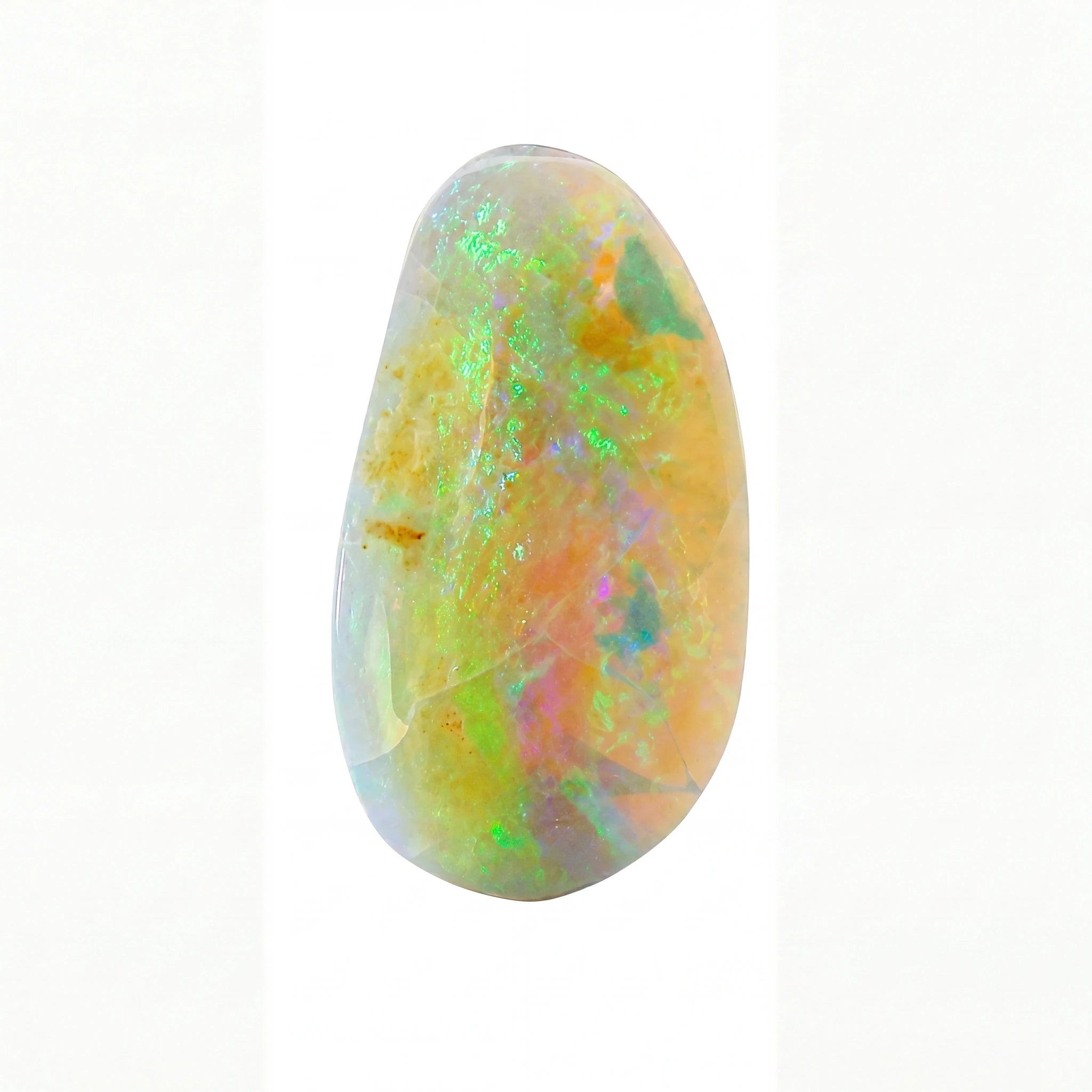 A polished teardrop-shaped opal gemstone displaying vibrant iridescent flashes of green, yellow, orange, and pink on a white background.