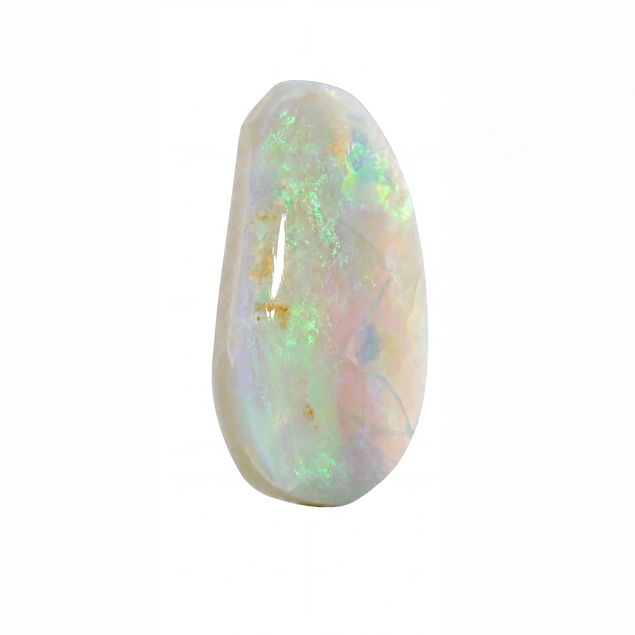 A teardrop-shaped cabochon opal gemstone displaying a play-of-colour with white, pale green, and soft pink flashes, set against a plain white background.