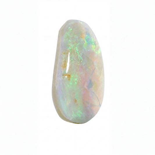 A teardrop-shaped cabochon opal gemstone displaying a play-of-colour with white, pale green, and soft pink flashes, set against a plain white background.