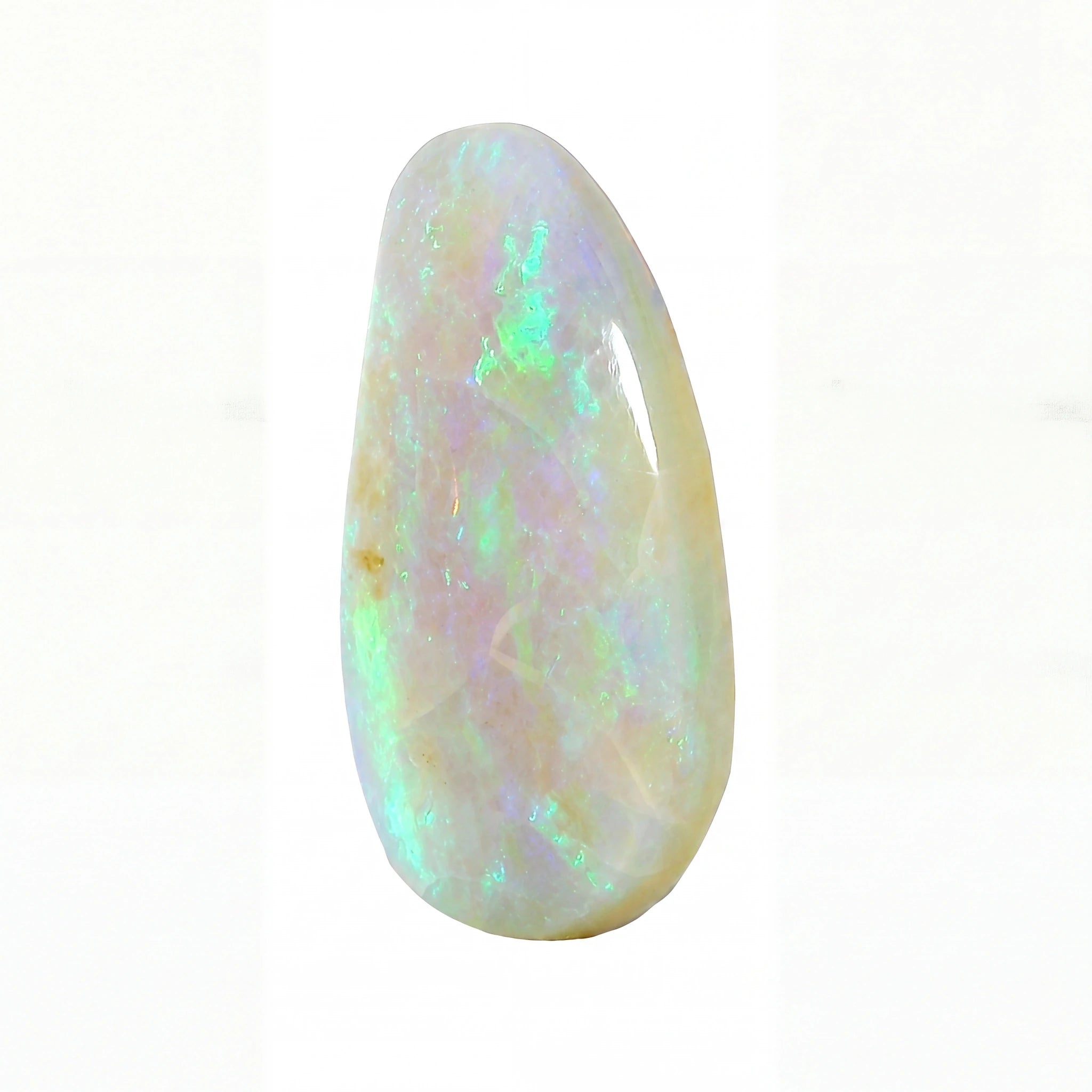A polished teardrop-shaped white opal gemstone with vibrant green, blue, and purple iridescent flashes, set against a plain white background.