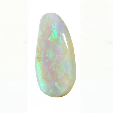 A polished teardrop-shaped white opal gemstone with vibrant green, blue, and purple iridescent flashes, set against a plain white background.