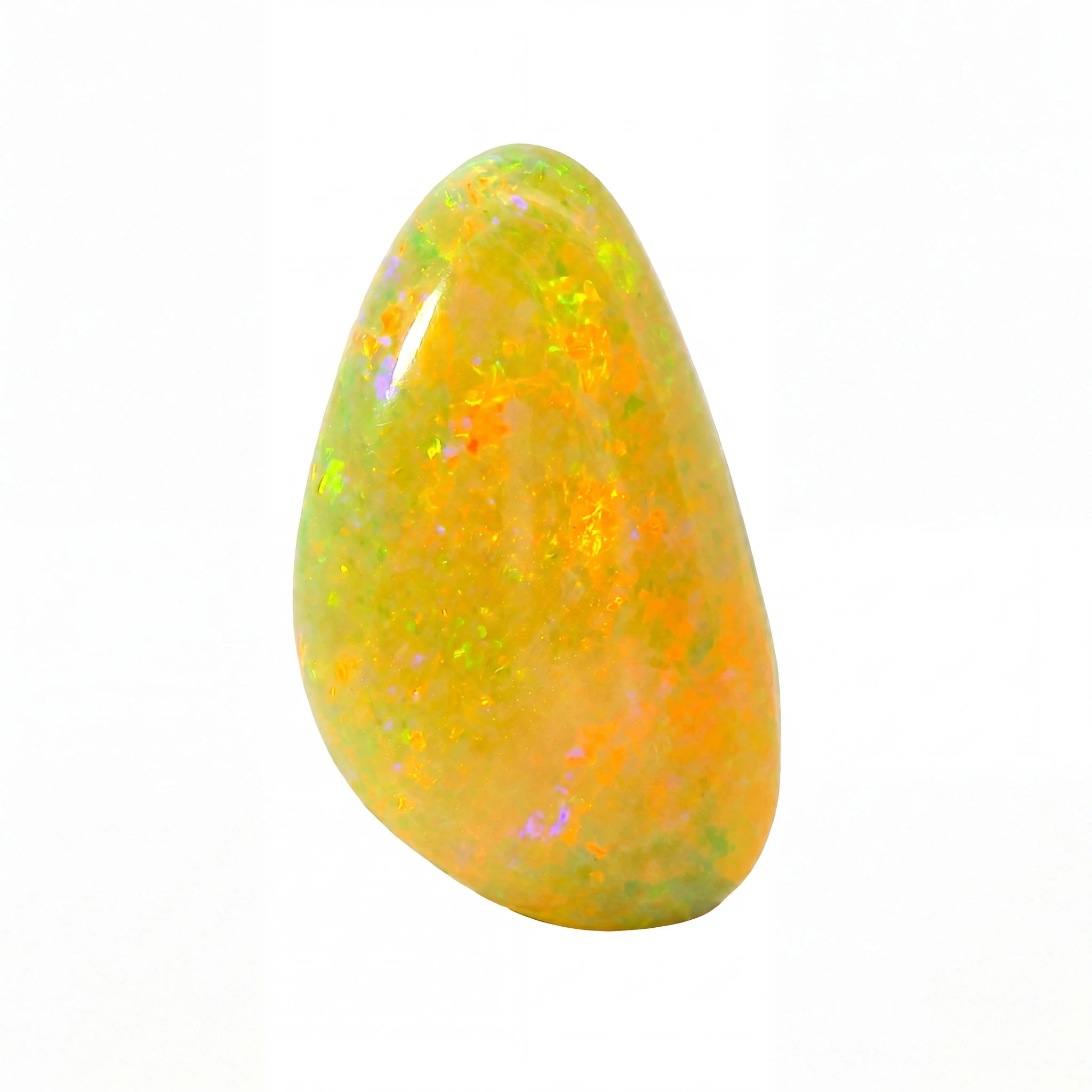 A polished teardrop-shaped opal gemstone displaying vibrant flashes of yellow, orange, and green on a solid white background.