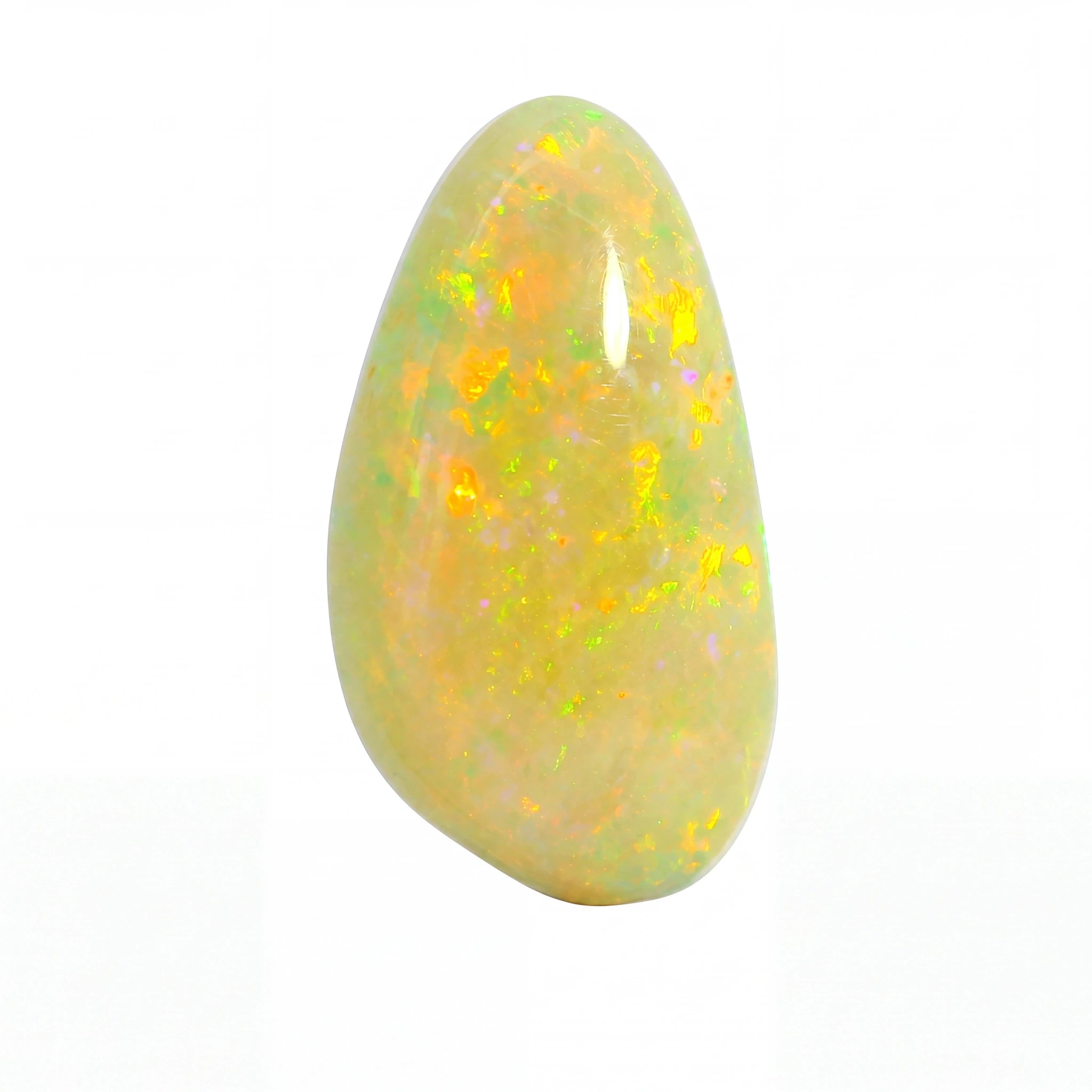 A polished teardrop-shaped opal gemstone with a creamy white base and vibrant flashes of yellow, orange, and green, set against a plain white background.