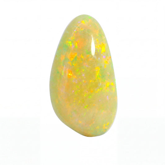 A polished teardrop-shaped opal gemstone with a creamy white base and vibrant flashes of yellow, orange, and green, set against a plain white background.