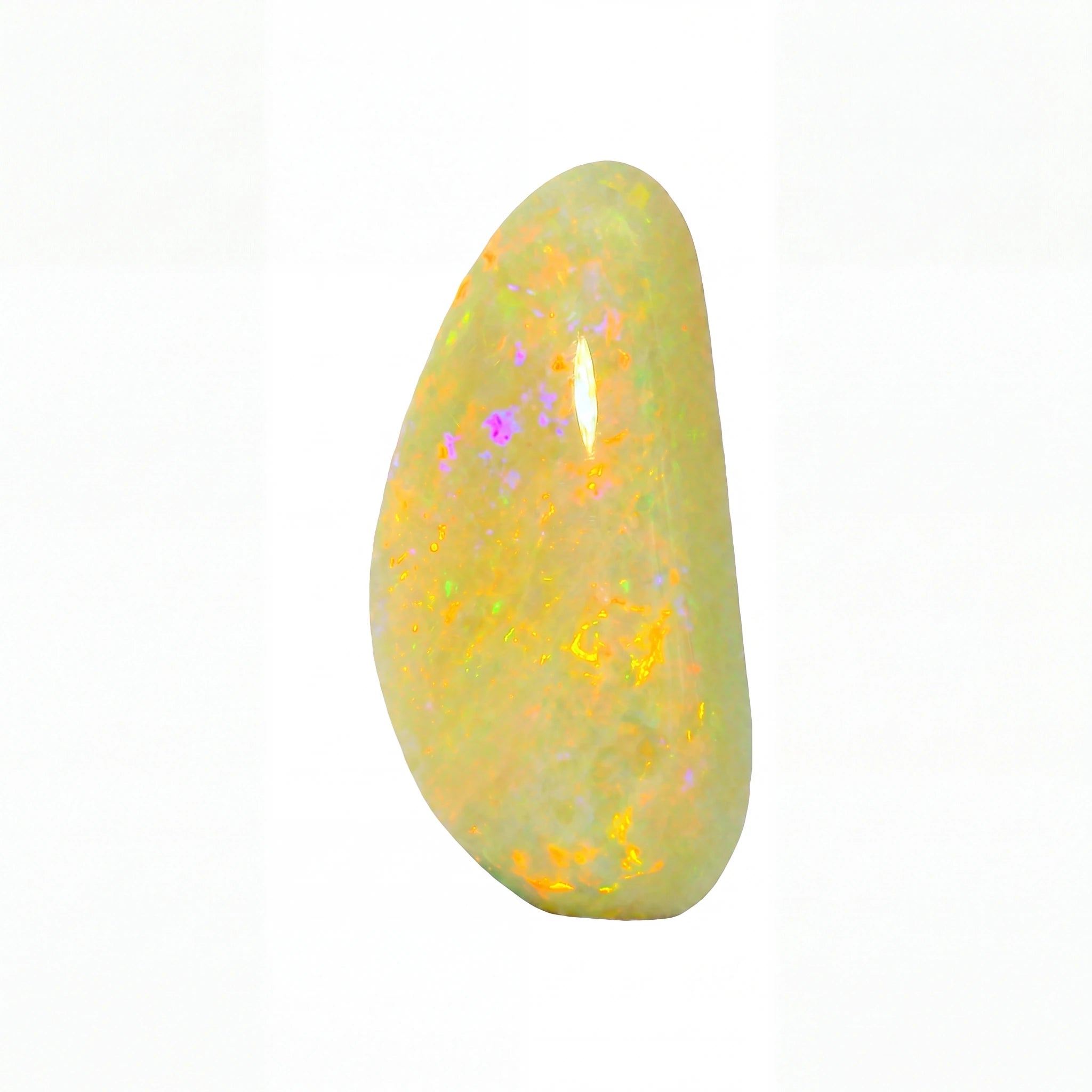 A polished teardrop-shaped opal gemstone with a pale yellow-green base and vibrant flashes of orange, yellow, and pink, set against a plain white background.