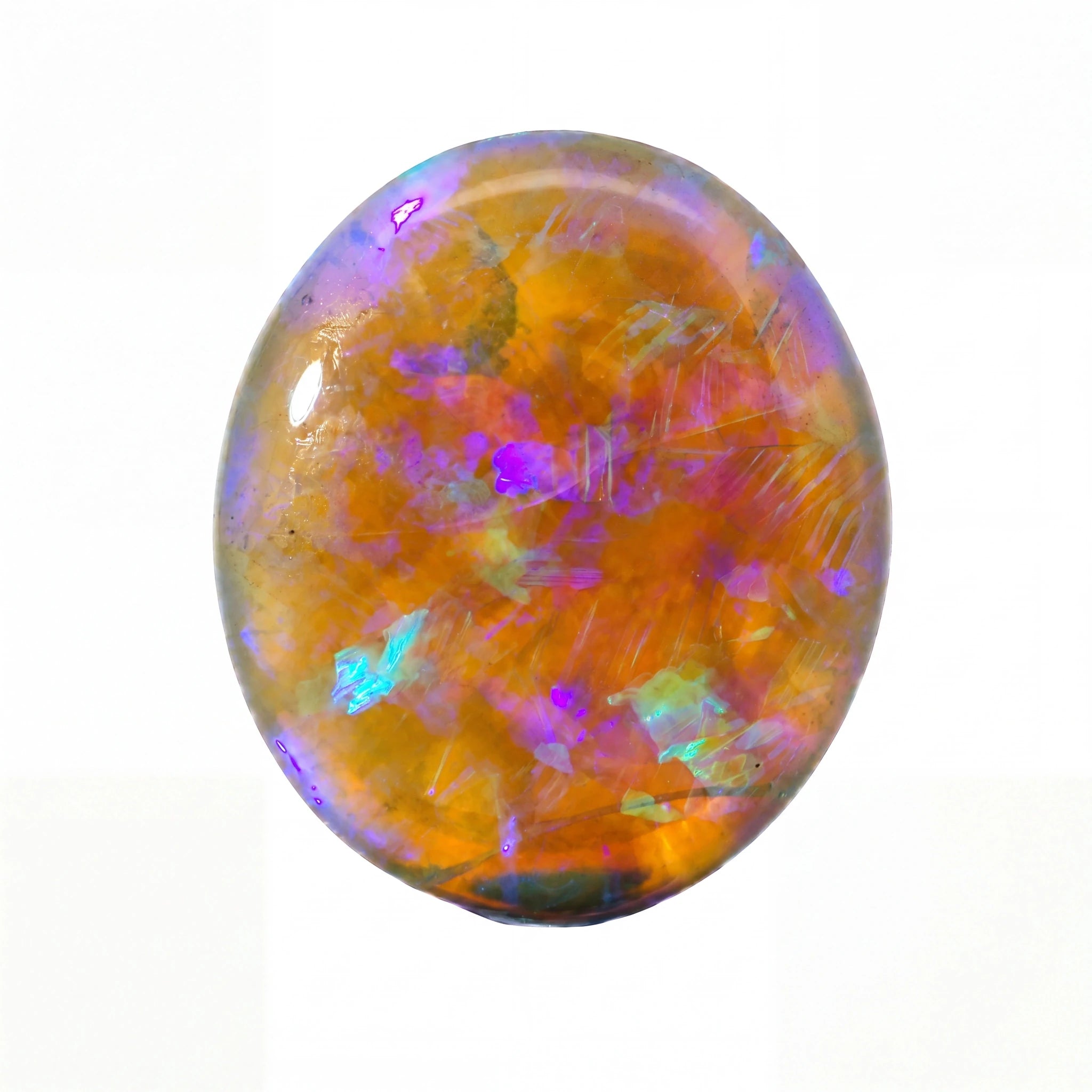 A polished oval cabochon gemstone featuring a vibrant play-of-colour with orange, purple, blue, and green iridescent flashes on a white background.