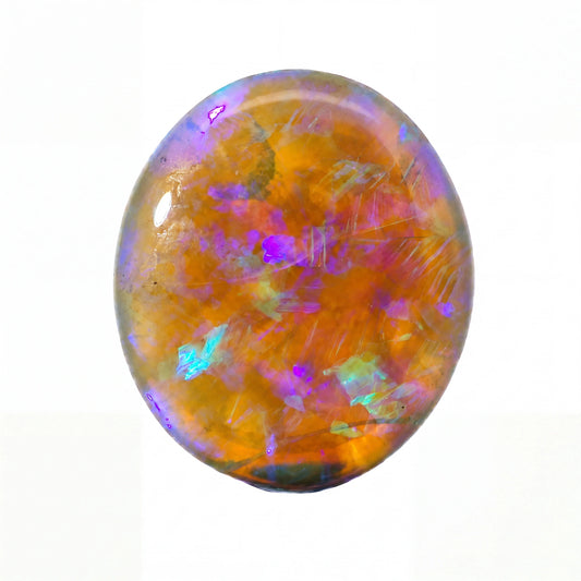 A polished oval cabochon gemstone featuring a vibrant play-of-colour with orange, purple, blue, and green iridescent flashes on a white background.