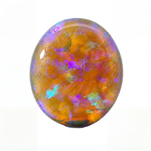 A polished oval cabochon gemstone featuring a vibrant play-of-colour with orange, purple, blue, and green iridescent flashes on a white background.