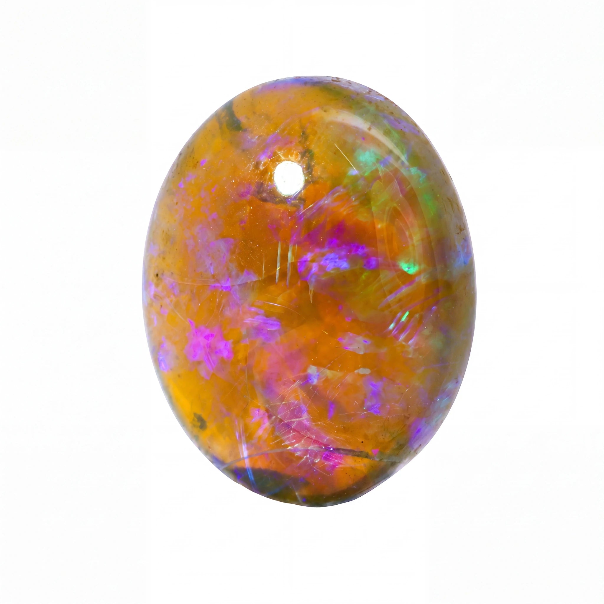 An oval cabochon gemstone pendant with a hole at the top, featuring a vibrant play-of-colour pattern with orange, purple, green, and pink hues on a white background.
