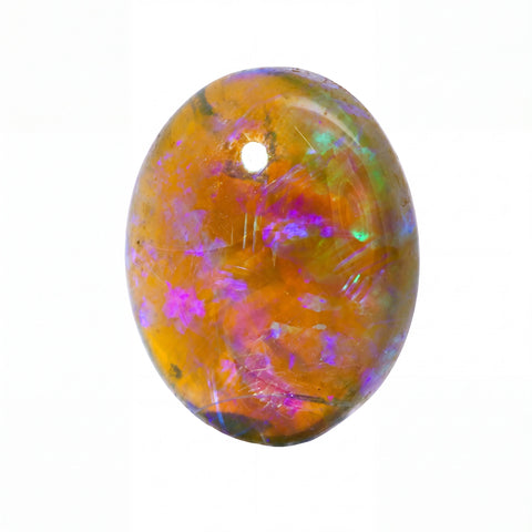 An oval cabochon gemstone pendant with a hole at the top, featuring a vibrant play-of-colour pattern with orange, purple, green, and pink hues on a white background.
