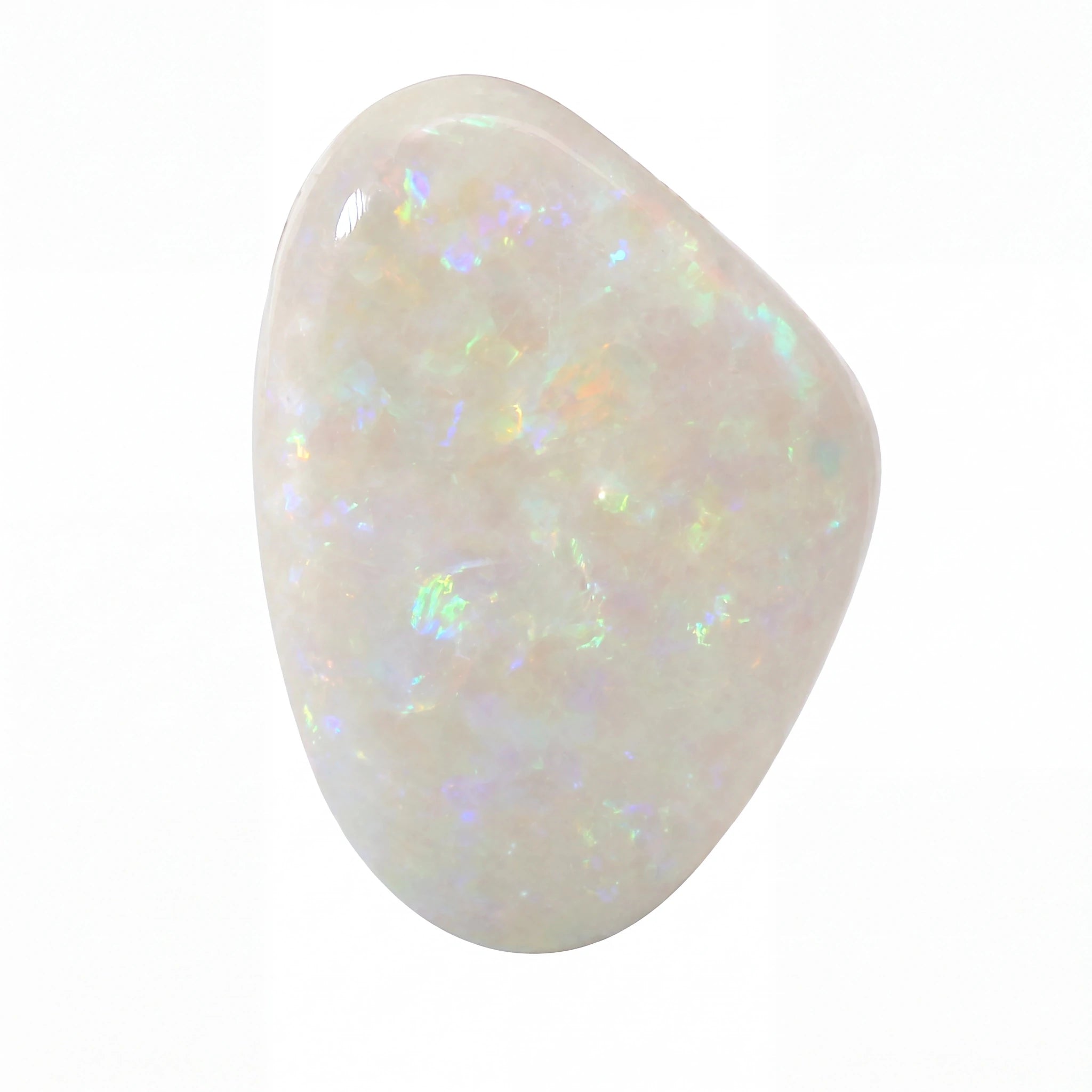 A polished white opal gemstone cabochon with iridescent flashes of blue, green, and orange, shown on a plain white background.